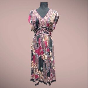 ECI Magenta and Black Paisley Silk V-Neck Midi Dress Size 6